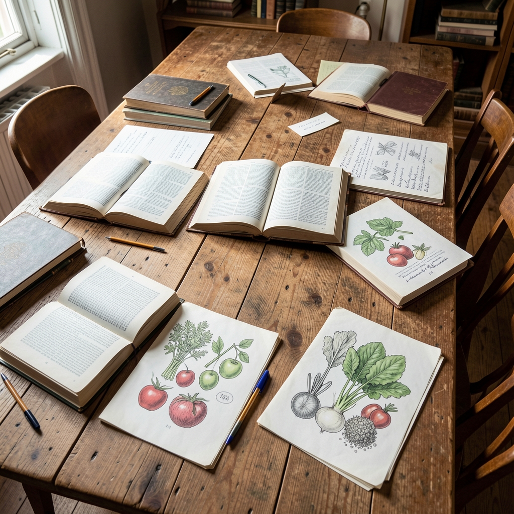 Draufsicht auf einen großen Holztisch mit aufgeschlagenen Büchern, Notizen und botanischen Zeichnungen von Gemüse und Früchten, akademische Atmosphäre im Naturlicht
