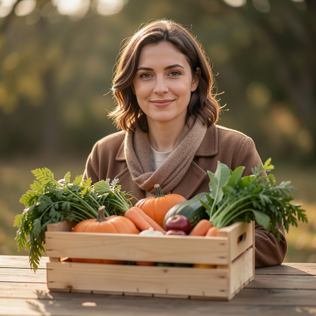 Kiste mit frisch geerntetem Herbstgemüse — Kürbis, Karotten, Rote Bete — auf einem Holztisch, natürliches Seitenlicht ohne künstliche Dekoration