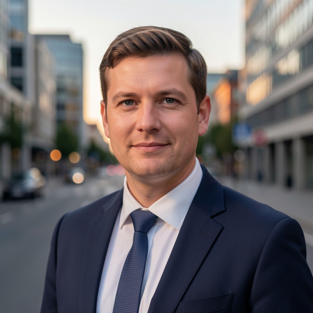 Stadtansicht von Düsseldorf mit Blick auf moderne Architektur und ruhige Straße im frühen Abendlicht, nüchterne Farbpalette