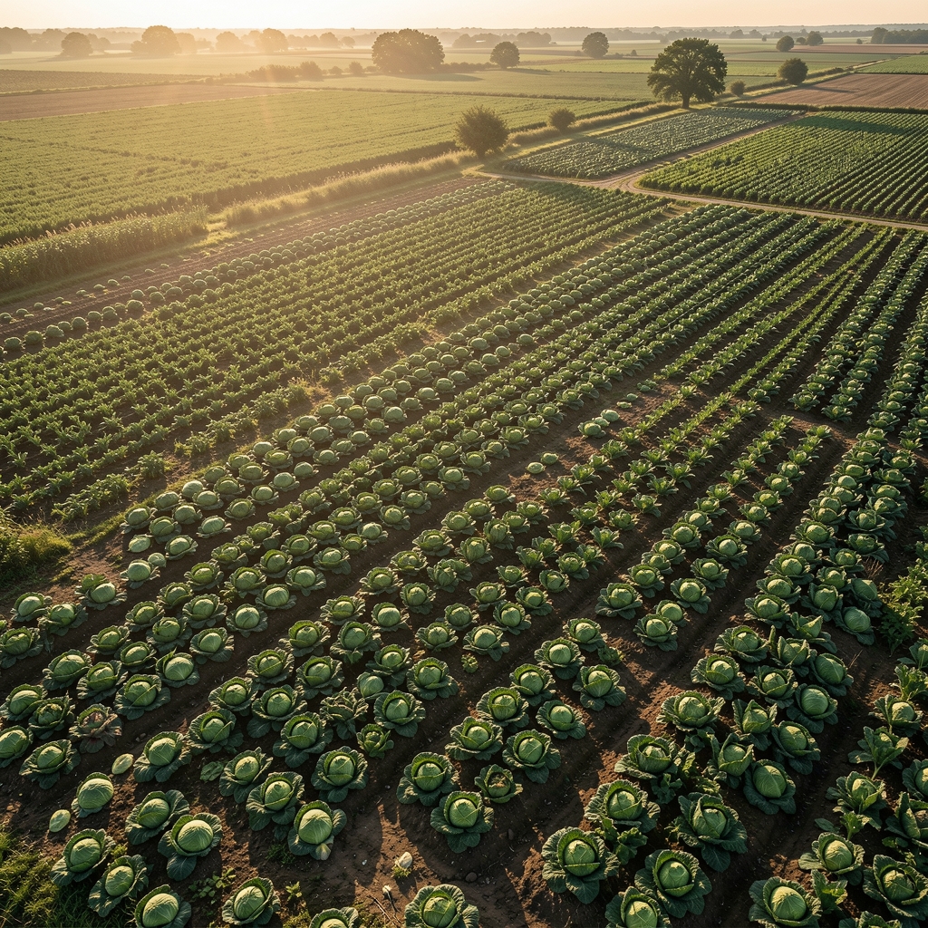 Weitläufiges Feld mit reifem Gemüse und tiefen Schatten im frühen Morgenlicht, fotografiert aus der Vogelperspektive wie eine Landkarte